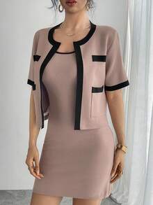 DAZY Women's Elegant Contrast Color Cardigan & Slip Dress 2 Pieces Knit Set, Autumn - Pink - View 4