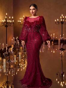 Glamrae 加大码优雅浪漫红色圆领透明长袖奢华串珠流苏领子镶嵌亮片羽毛装饰美人鱼下摆奢华派对庆典婚礼礼服 - 酒紅色 - 查看 8