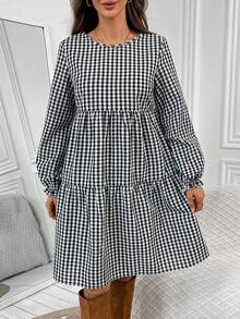 EMERY ROSE 女士休闲格子中长连衣裙，秋季 - 黑與白 - 查看 5