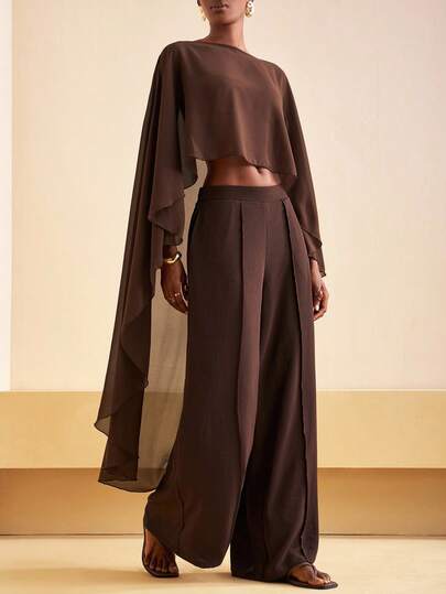 Zivah 20  Autumn And Winter New Commuting Elegant Casual Vacation Brown Round Neck Asymmetrical Shawl Cardigan+ High Waist Wide-Leg Long Pant Women Two Pieces Set, Travel, Commuting, Party, Vacation, Old Money Style, Shopping, Banquet, Elegant, Party, Date,Casual