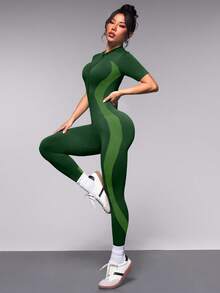 Eassivo Eassivo 女式撞色拼布修身户外连体裤 - 綠色 - 查看 1