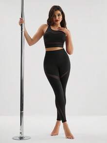 Menodora SHEIN Sport 2 件套健身瑜伽服健身房服装套装对比色网眼上衣宽带腰部紧身裤健身女士套装 - 黑色 - 查看 4