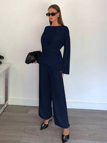 Siren Gaze Damen Einfarbige Bluse mit rundem Ausschnitt, Kreuzdetail und asymmetrischem Saum, Langarm - Blau - Übersicht 4