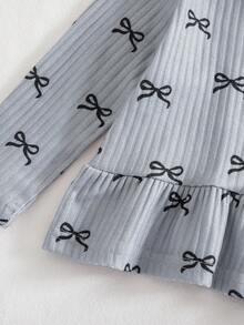 SHEIN Baby Girls' Fashion Ribbed Fabric Bow Print Top, Autumn/Winter Fall - Multicolor - View 6