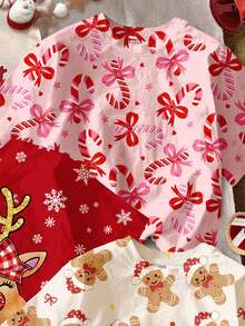 SHEIN Leap Crew 3pcs/Set Tween Girl Christmas Cute Bow Candy Cane,Gingerbread Man,Snowflake & Golden Reindeer Print Short Sleeve T-Shirt Multicolor Summer Concert - Multicolor - View 5