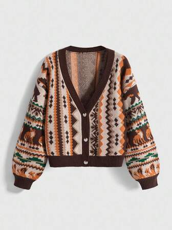 Fairycore Große Größen Lässig vielseitiger Retro Retro Muster Bär & Fuchs Grafik Strickjacke, Herbst/Winter