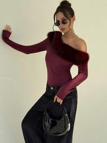 Aloruh Maglietta aderente asimmetrica in velluto bordeaux sexy per donne, adatta per festival musicali - Bordò - Visualizzare 7