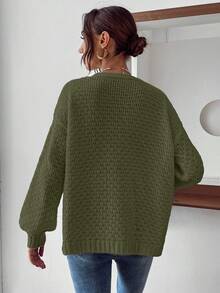 EMERY ROSE Women's Casual Floral Decor Drop Shoulder Long Sleeve Knitted Cardigan, Autumn/Winter - Army Green - View 2
