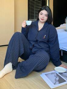 Dazy Plus Plus Size Plaid Loose Pajama Set, Sleepwear, Suitable For All Seasons, Fall Winter Clothes, Cozy Outfit - Navy Blue - View 3