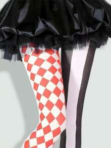 ROMWE Goth 1 chiếc quần tất/quần bó/quần legging nữ co giãn cao, họa tiết kẻ caro đen trắng, dáng bất đối xứng, gợi cảm. - Đen đỏ - Xem 2
