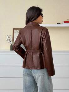 SHEIN EZwear 女士时尚街头风格咖啡棕色 PU 皮革裹领常规夹克外套，秋季 - 咖啡棕 - 查看 2