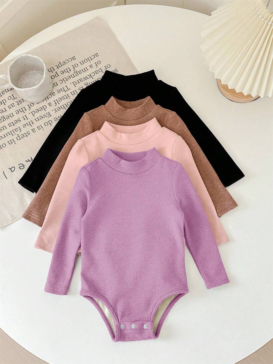 SHEIN LMoss Kids LMoss Baby Girl 4pcs/Set Newborn Baby Girl Cute Knit Solid Color Mock Neck Long Sleeve Bodysuit, Suitable For Autumn & Winter - Multicolor - View 1