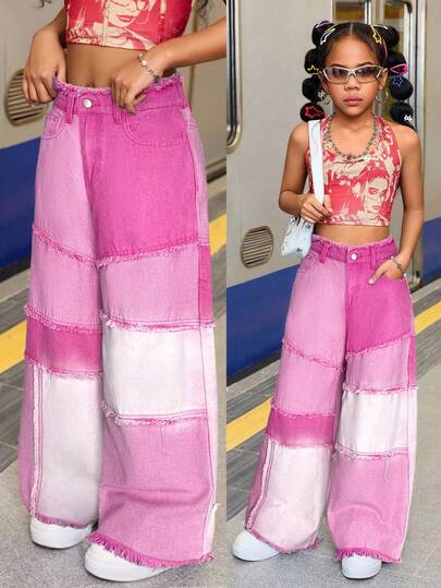 SHEIN 少女Y2K时尚宽松牛仔裤，毛边裤脚设计，撞色细节，春夏波西米亚风