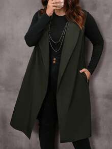 EMERY ROSE Plus Size Casual Commute Solid Color Vest Coat, Winter,,2025 New,Simple And Fashionable For Everyday Wear, Christmas,New Year,Date Night - Army Green - View 5