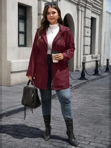 EMERY ROSE Plus Size Solid Color Casual Breathable Zip-Up Long Sleeve Coats In Fall/Winter Winter Clothes For Women  Fall Clothes For Women - Burgundy - View 4