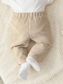 SHEIN 新生男童/女童灯芯绒面料休闲宽松直筒裤，居家出游皆宜，杏色，四季皆宜 - 杏色 - 查看 2