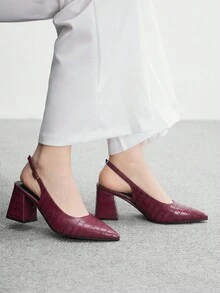 CUCCOO BIZCHIC 女士时尚黑色露跟尖头粗中跟高跟鞋，经典简约设计，适合通勤、约会、派对、度假、婚礼 - 酒紅色 - 查看 5