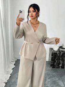 Firerie Plus Size Elegant Solid Color Blazer And Pants Set, Suitable For Commuting - Apricot - View 3