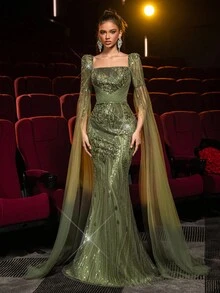 Glamrae فستان أنيق فاخر أخضر زيتوني بياقة مربعة وأكمام طويلة مرصع بالترتر شفاف بتصميم حورية البحر، مناسب للزفاف والحفلات والمناسبات الرسمية والسهرات الراقية وحفلات الضيوف