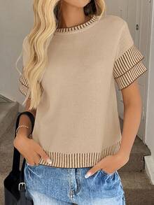 Easowa Women's Striped Contrast Trim Crew Neck Knit Top,Fall - Khaki - View 4