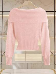 Franclia Suéter de punto de manga larga con hombros abiertos, lazo y unicolor, de moda simple para mujer - Rosa - Ver 2
