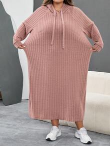 SHEIN CURVE+ Plus Size Women's Ribbed Fabric Long Sleeve Hooded Loose Dress