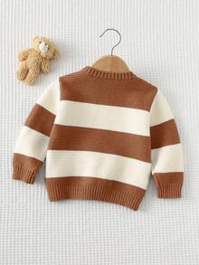 Cozy Pixies Baby Boy Cartoon Bear Striped Pattern Crew Neck Long Sleeve Sweater Fall Winter - Brown - View 2