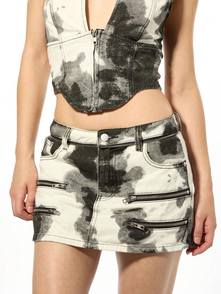 SUMWON WOMEN Black White Tie Dye Denim Mini Skirt With Zippers