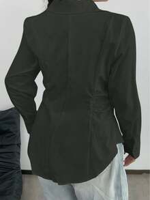 POPSWAY 大码女式休闲/办公室纯色长袖衬衫 - 深灰色 - 查看 2