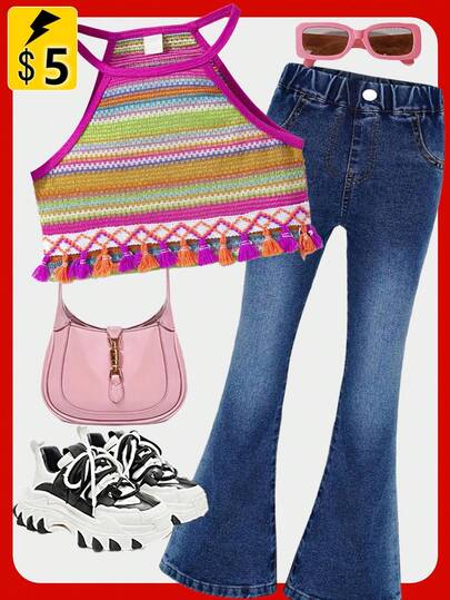 SHEIN 女童彩色编织彩虹吊带背心，适合日常、节日、度假，无袖