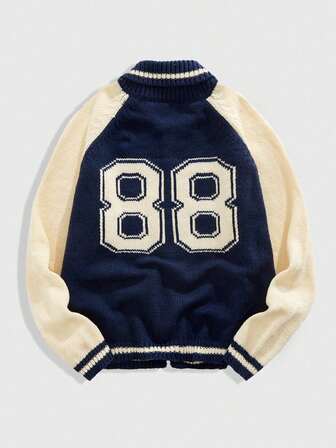 Street Life Men's Contrast Color Number Prep Pattern Raglan Sleeve Casual Knit Cardigan, Autumn/Winter