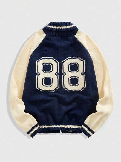 Street Life Men's Contrast Color Number Prep Pattern Raglan Sleeve Casual Knit Cardigan, Autumn/Winter