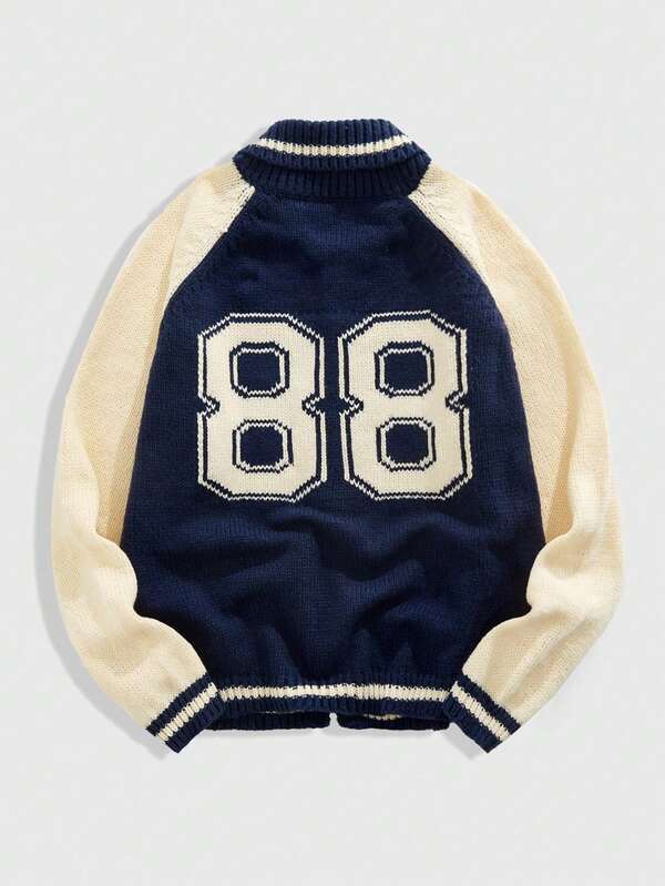 ROMWE MEN Prep 男士撞色数字图案插肩袖休闲针织开衫，秋冬