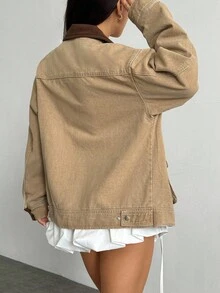 Jeanoix 女式休闲牛仔夹克，撞色领子和落肩，长袖，秋季 - 卡其色 - 查看 2