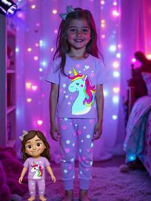 Young Girl Unicorn Glow Pattern Short Sleeve Jumpsuit 2Pcs Loungewear Set, Light Pink - Mauve Purple - View 1