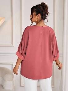 Cravure 大码圆领 3/4 袖金属面料拼色插肩袖休闲衬衫，适合外出、度假、通勤、派对 - 珊瑚橙 - 查看 2