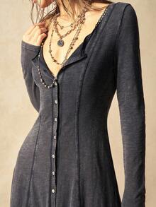 Bohemela Đầm dệt kim cổ vuông tay dài màu trơn đơn giản dành cho nữ - màu đen - Xem 5