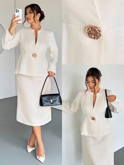 Firerie Plus Size Spring/Autumn Comfortable Casual Elegant Vacation/Commute Office Metal Button V-Neck Flared Long Sleeve Blouse & Straight Fitted Skirt 2 Pieces Set For Women