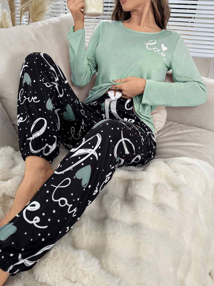 SHEIN Heart & Letter Print Pajama Set, Fall Winter Clothes, Christmas - Green - View 1