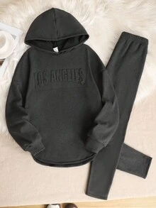 SHEIN 2pcs Tween Girls Casual Thickened Loose Drop Shoulder Asymmetrical Hem Los Angeles Letter Graphic Sweatshirt & Leggings Set, Autumn/Winter Fall