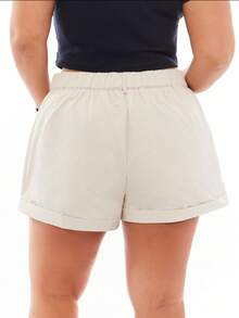 Solavibe Plus Size Solid Color Shorts With Slanted Pockets - Beige - View 5