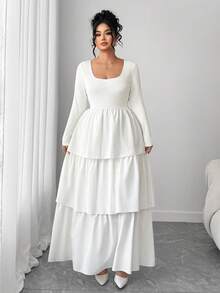 Elenzga Plus Size Women's Minimalist Solid Color Square Neck Long Sleeve Knit Patchwork Cake Hem Unique Dress - White - View 4