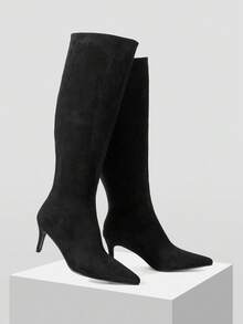 Mnmlis بوت نسائية ذات أصابع مدببة وسحاب خلفي طويلة حتى الركبة، كعب عالي رفيع باللون الأسود - الأسود - مشاهدة 9