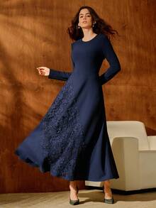 Anewsta 女士优雅花卉蕾丝拼接 A 字连衣裙，海军蓝圆领长袖收腰简约连衣裙，适合约会、秋季穿着 - 藏蓝色 - 查看 3