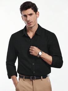 Calvornis Camisa casual de negocios de manga larga con jacquard de unicolor a cuadros para hombres - Negro - Ver 1