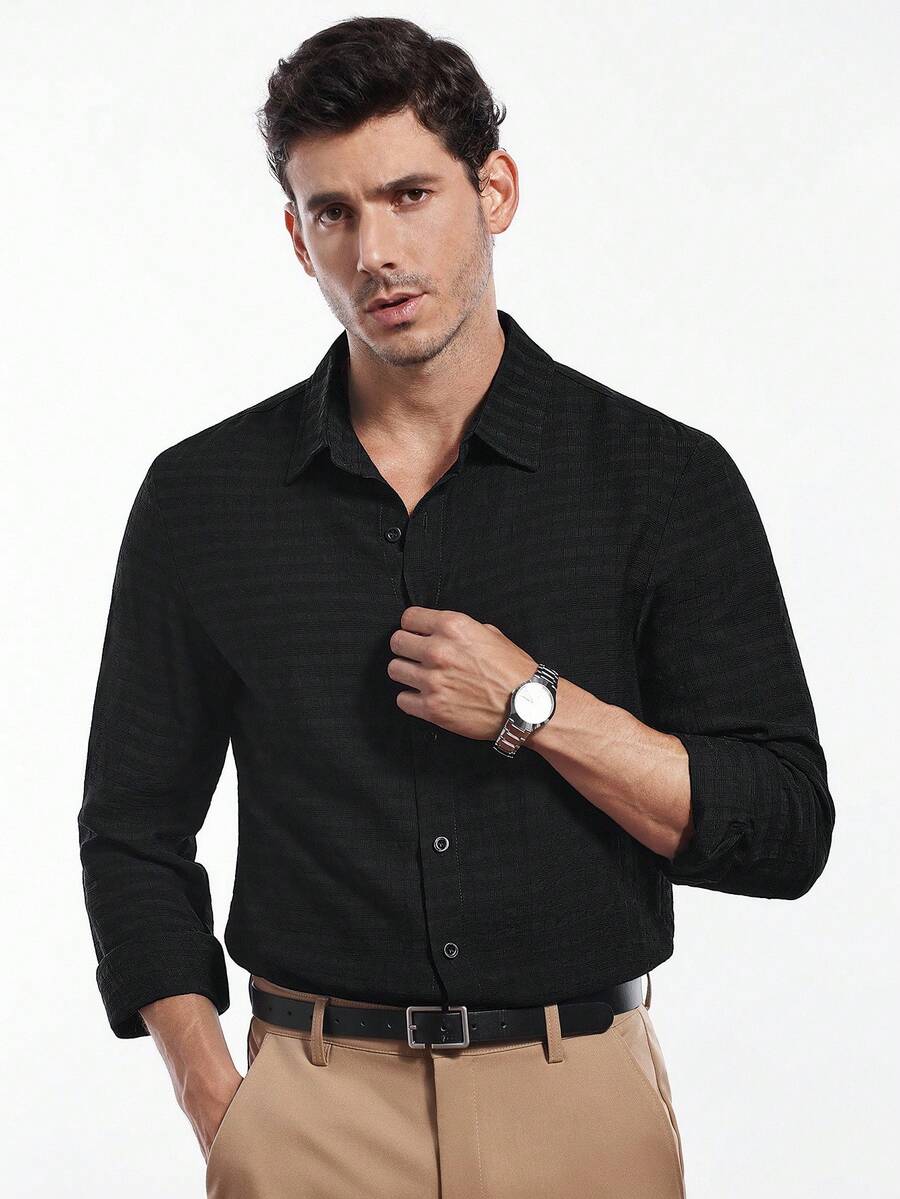 Calvornis Camisa casual de negocios de manga larga con jacquard de unicolor a cuadros para hombres - Negro - Ver 1
