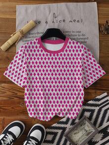 SHEIN Áo thun cổ tròn in họa tiết toàn thân cỡ lớn, thoải mái và phù hợp với nhiều dịp khác nhau, áo thun cổ tròn tay ngắn thời trang và giản dị cỡ lớn dành cho nữ, thiết kế - Màu tím - Xem 1