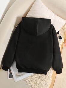 SHEIN 女童纯黑色休闲宽松版型保暖长袖卫衣，秋冬季款 - 黑色 - 查看 2