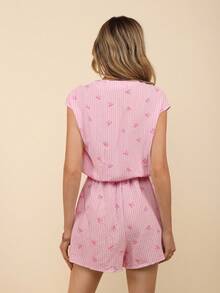 Coeurva Mono casual de mujer con estampado abstracto, mono corto de manga corta básico para salidas, primavera y verano, vacaciones y uso diario - Rosa - Ver 5