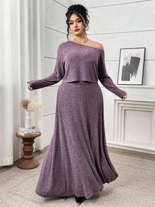 Modelyn Conjunto casual de 2 piezas de talla grande para mujer, con camiseta de manga larga con hombros oblicuos de unicolor y falda extra larga, para otoño - Morado - Ver 6